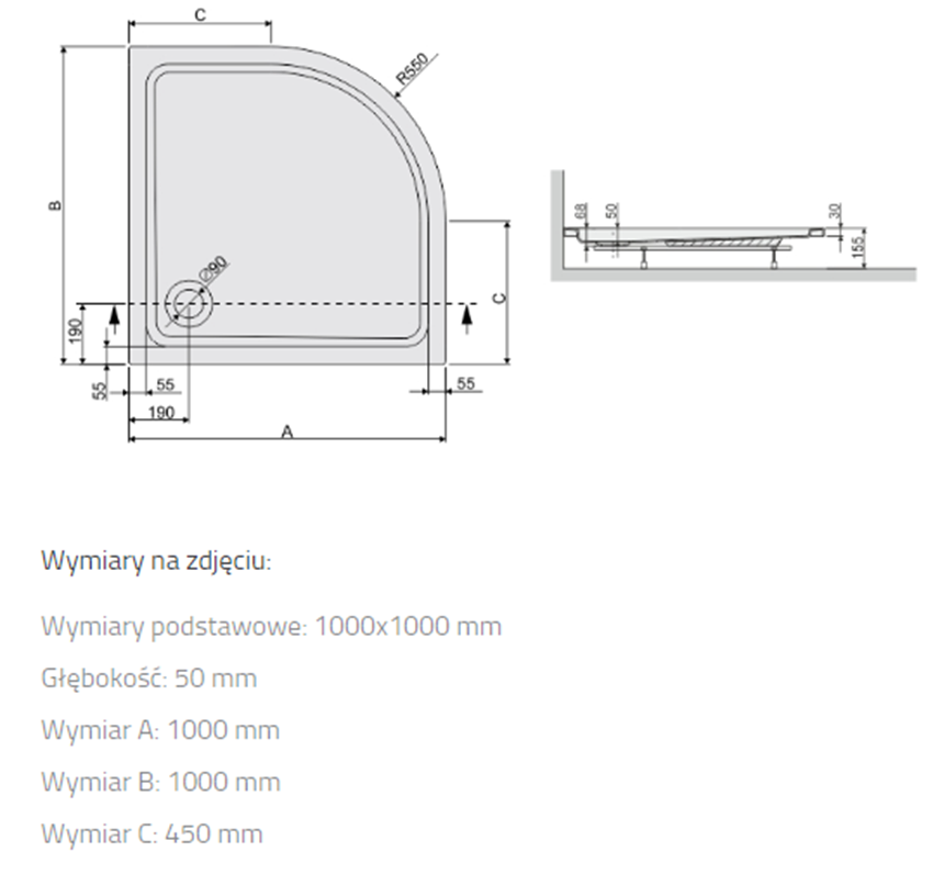 Brodzik półokrągły Sanplast Free Line 615-040-1440-01-000 rys techniczny