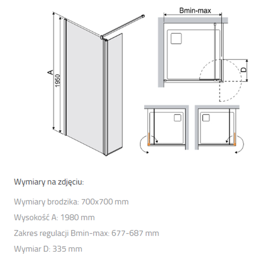 Kabina walk-in Sanplast Prestige III 600-073-1260-59-401 rys techniczny