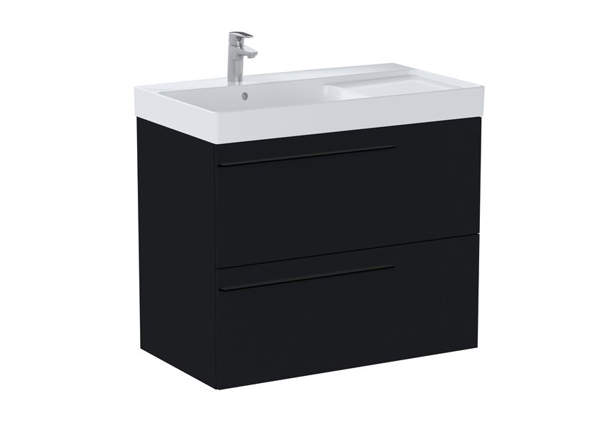 Zestaw łazienkowy Unik z 2 szufladami umywalka asymetryczna lewa 80 cm czarny mat Roca Ella