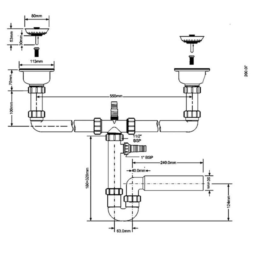 Syfon zlewozmywakowy podwójny rurowy McAlpine rysunek techniczny