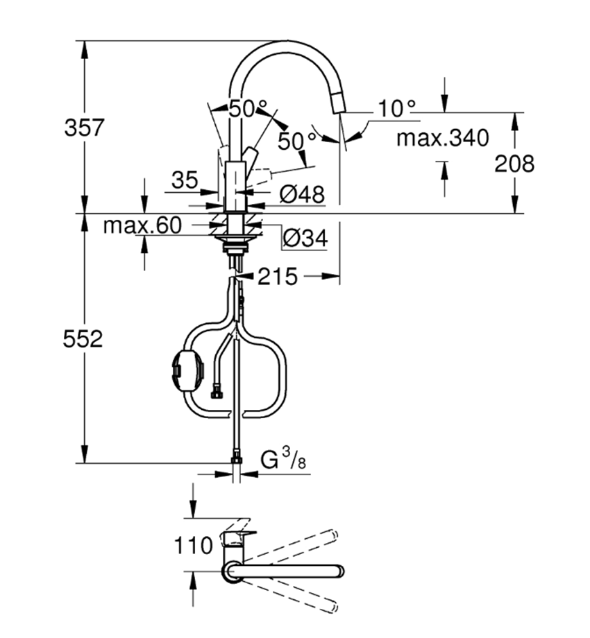 Jednouchwytowa bateria zlewozmywakowa Grohe BauEdge 30536000 rys techniczny