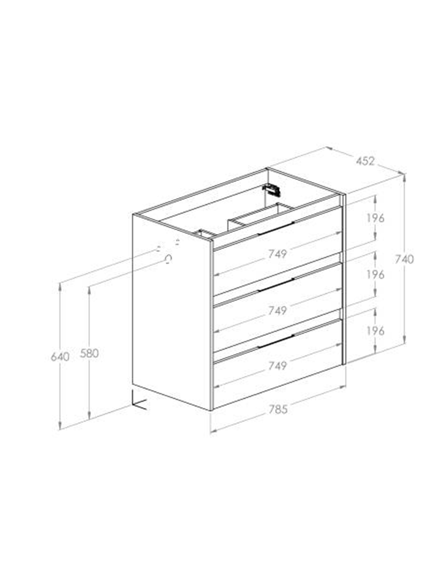 Szafka podumywalkowa 80 cm z 3 szufladami Roca Alpine rysunek