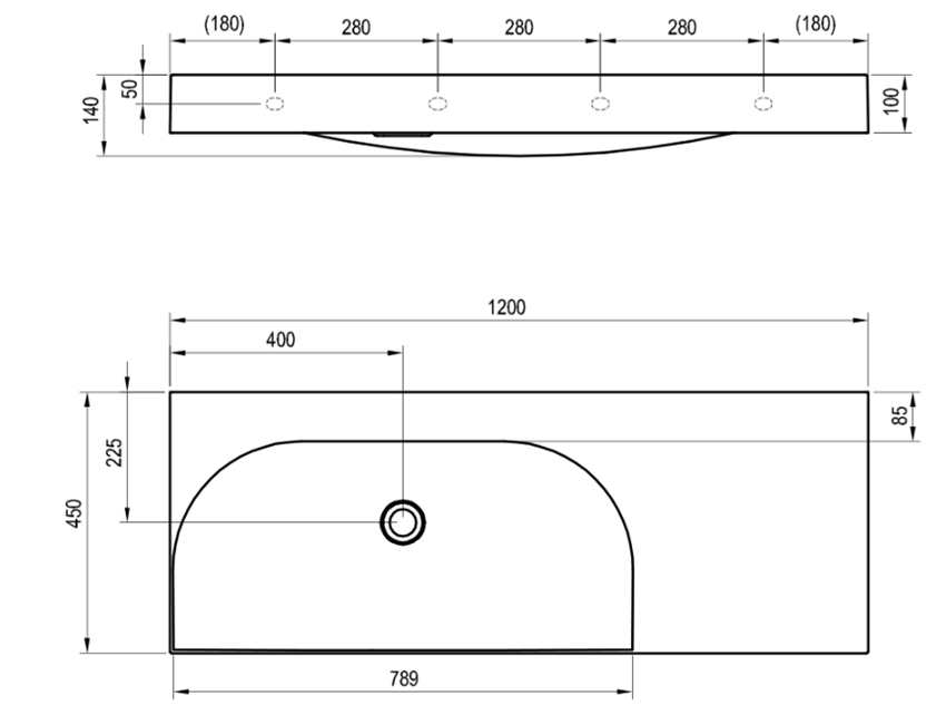 Umywalka meblowa Ravak Lite 120 XJXP1312000 rys techniczny