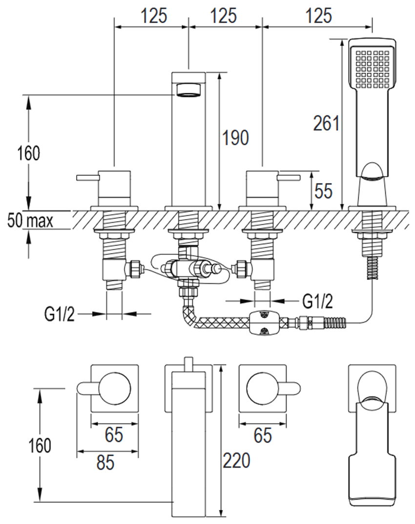 Bateria wannowa 4-otworowa Omnires Darling rysunek