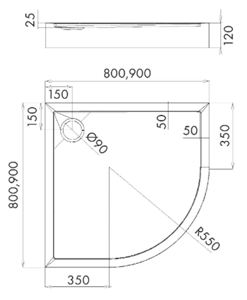 Brodzik półokrągły Schedpol Competia New Black Stone 3.4634/C/ST rys techniczny