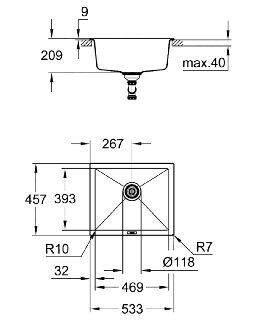 Zlewozmywak Grohe K700U 31654AP0 rys techniczny