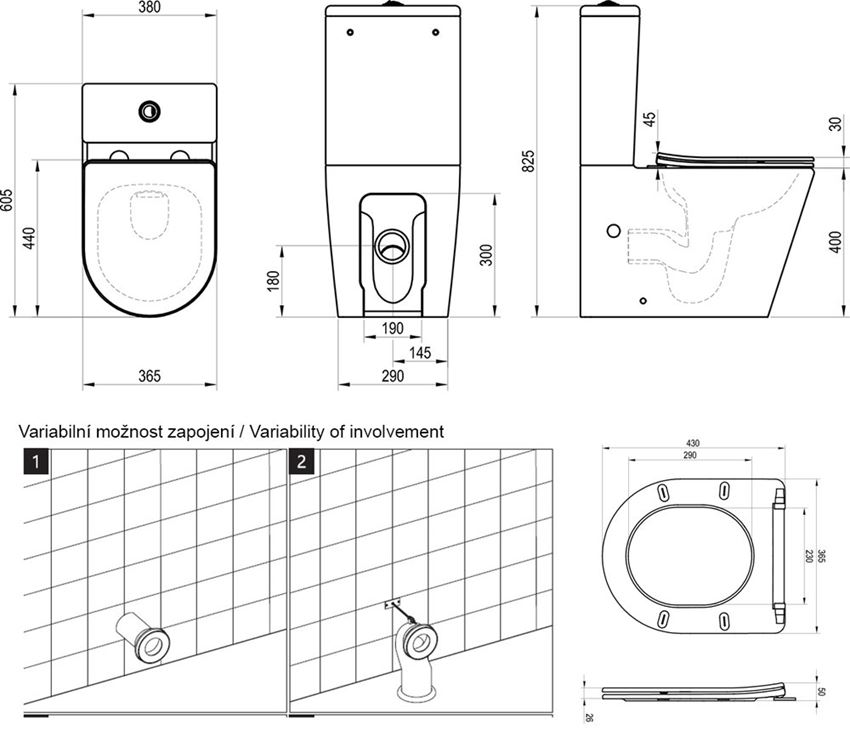 Kompakt WC z deską Slim biały Ravak Elegant RimOff rysunek