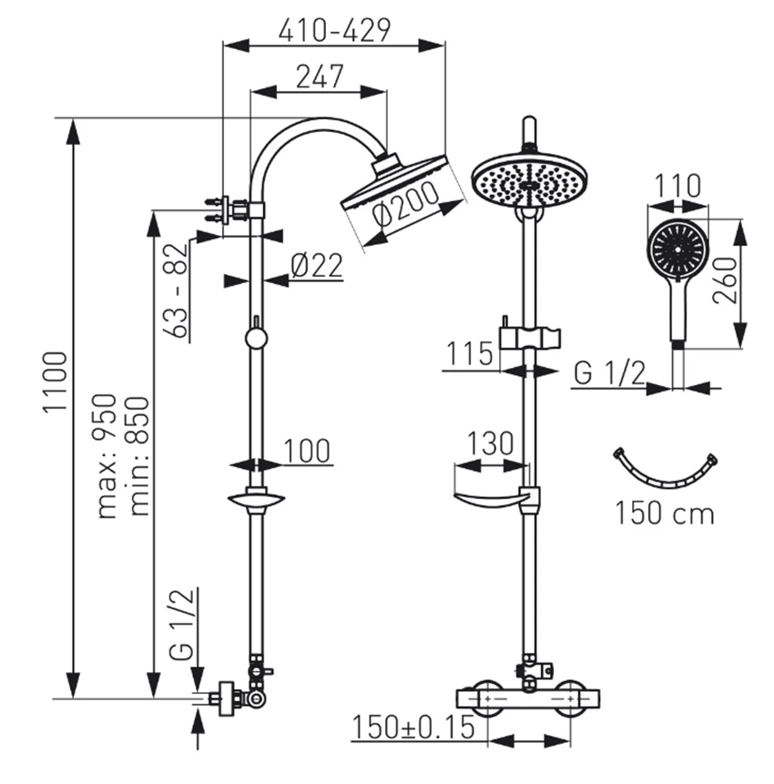 Zestaw natryskowy Ferro Trinity NP71-TRM7U rys techniczny