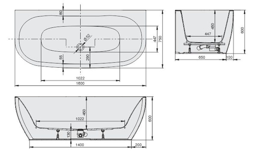 Wanna symetryczna Sanplast Luxo 610-370-1080-01-000 rys techniczny