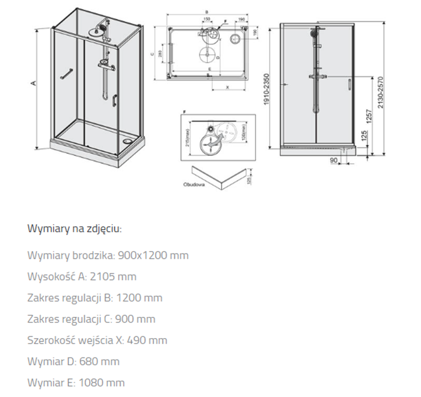 Kabina prysznicowa Sanplast Classic II 602-011-0311-38-4S1 rys techniczny