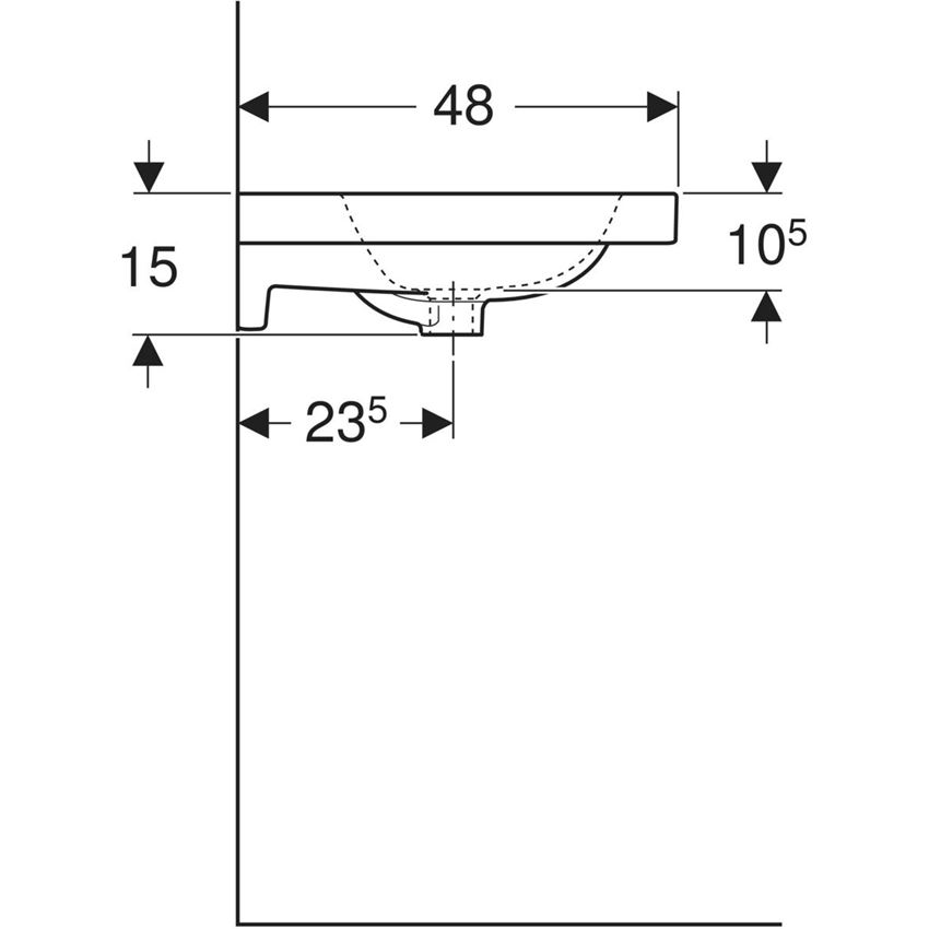 Umywalka podwójna ścienna bez otworu na baterię z przelewem 120 cm Geberit iCon Light rysunek