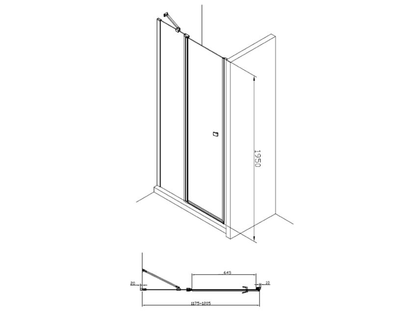 Drzwi prysznicowe z polem stałym z powłoką MaxiClean profile aluminiowe 120x195 cm Roca Capital rysunek