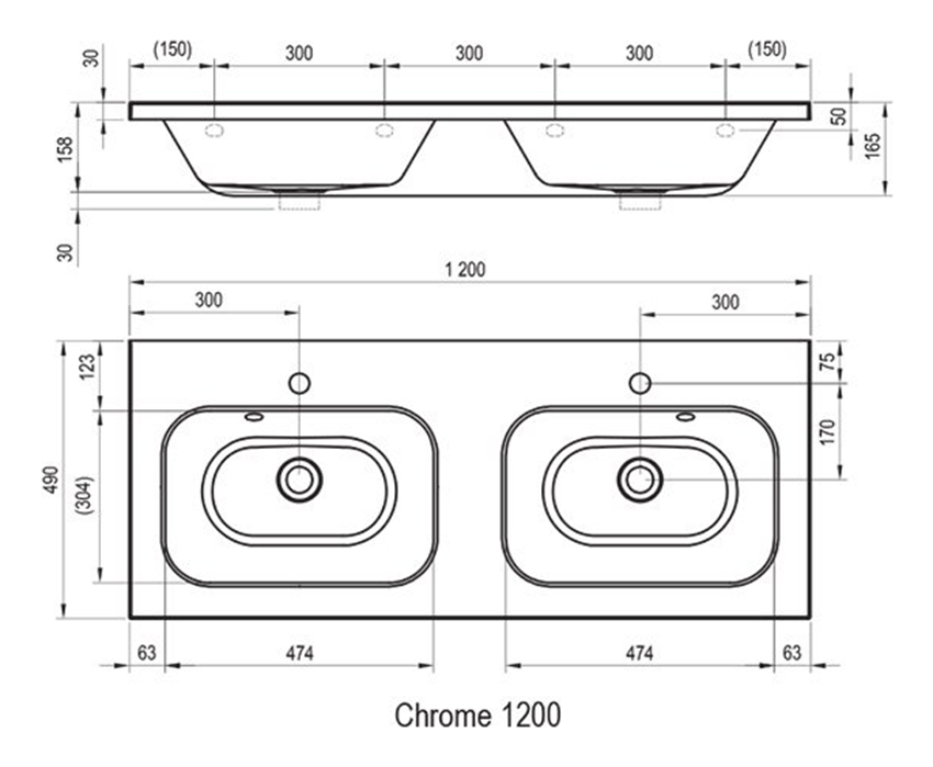 Umywalka podwójna Ravak Chrome 1200 XJG01112000 rys techniczny