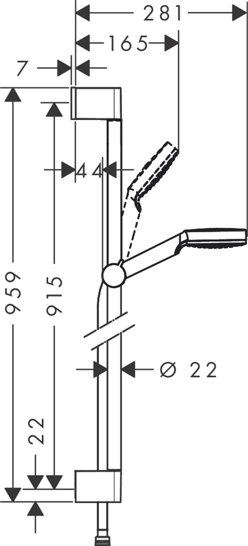 Zestaw prysznicowy z drążkiem 90 cm Hansgrohe Crometta rysunek techniczny