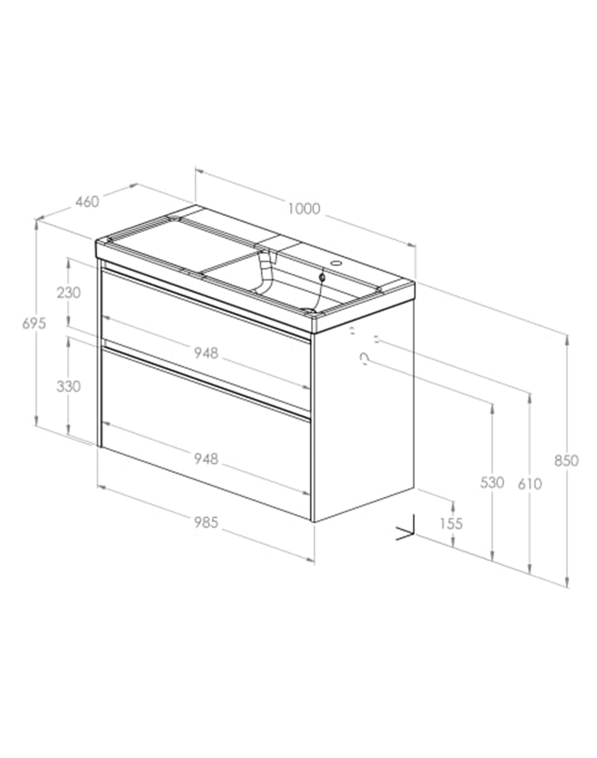 Zestaw łazienkowy Unik 100 cm z 2 szufladami wersja prawa Roca Gap Pro rysunek
