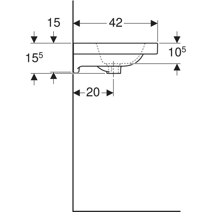 Umywalka krótka bez otworu na baterię bez przelewu 75 cm Geberit iCon Light rysunek