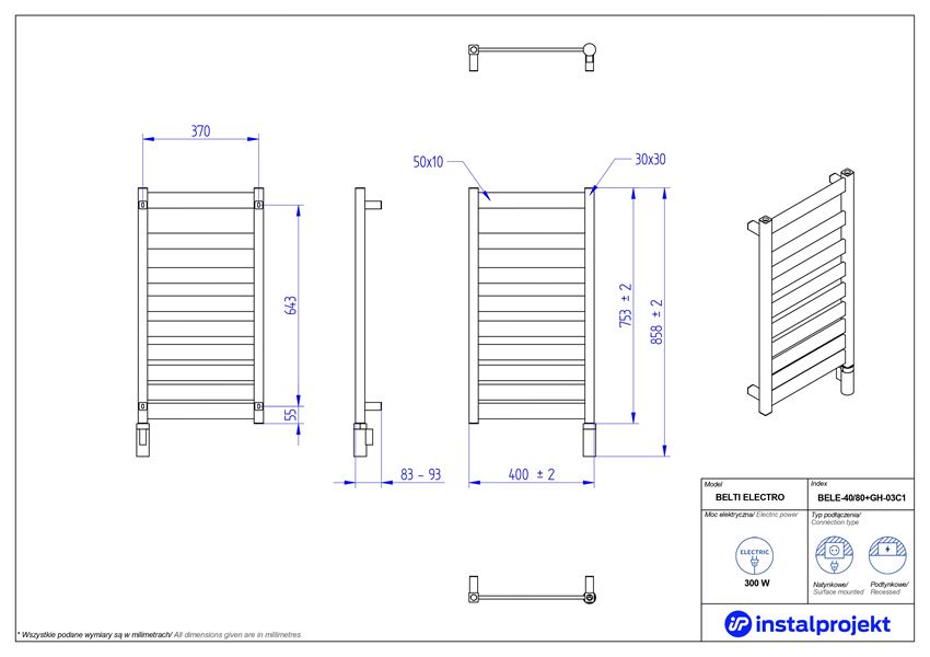 Grzejnik elektryczny 40x80 cm Instal-Projekt Belti Electro rysunek