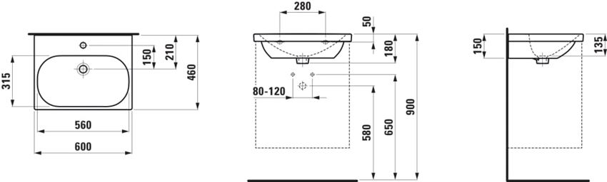 Umywalka meblowa/ścienna 60 cm biała Laufen Lua rysunek