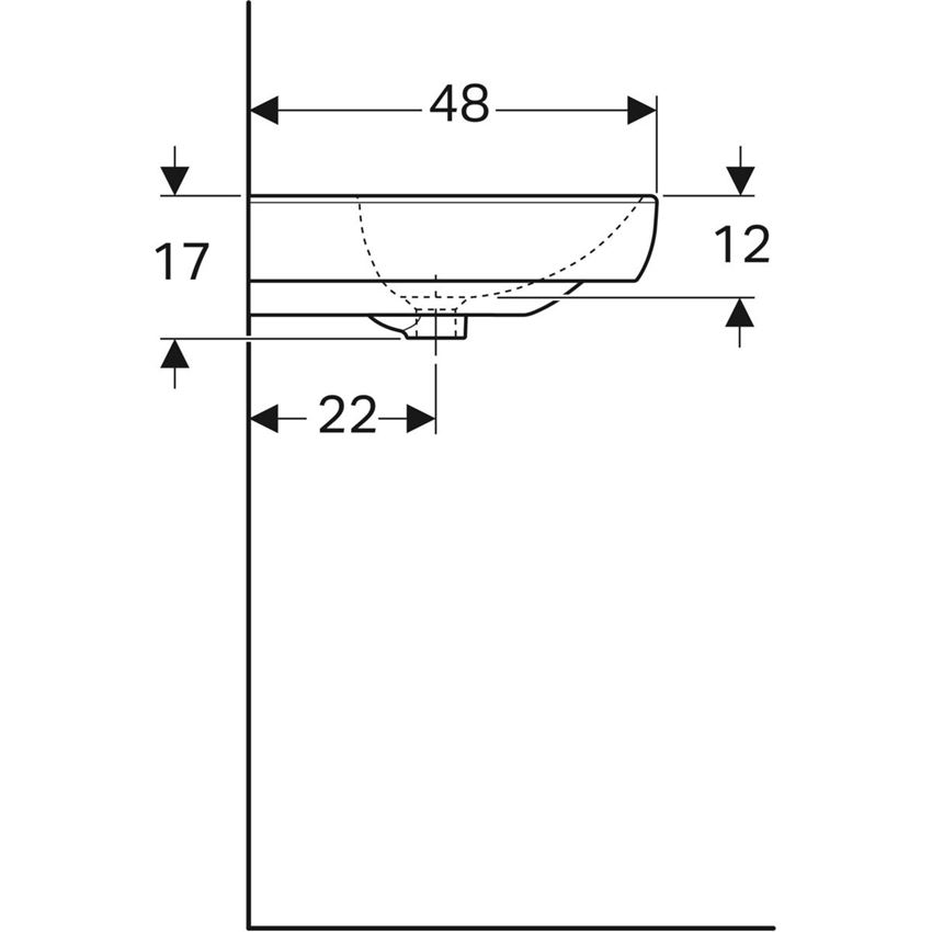 Umywalka ścienna z otworem na baterię z przelewem 65 cm Geberit Smyle Square rysunek