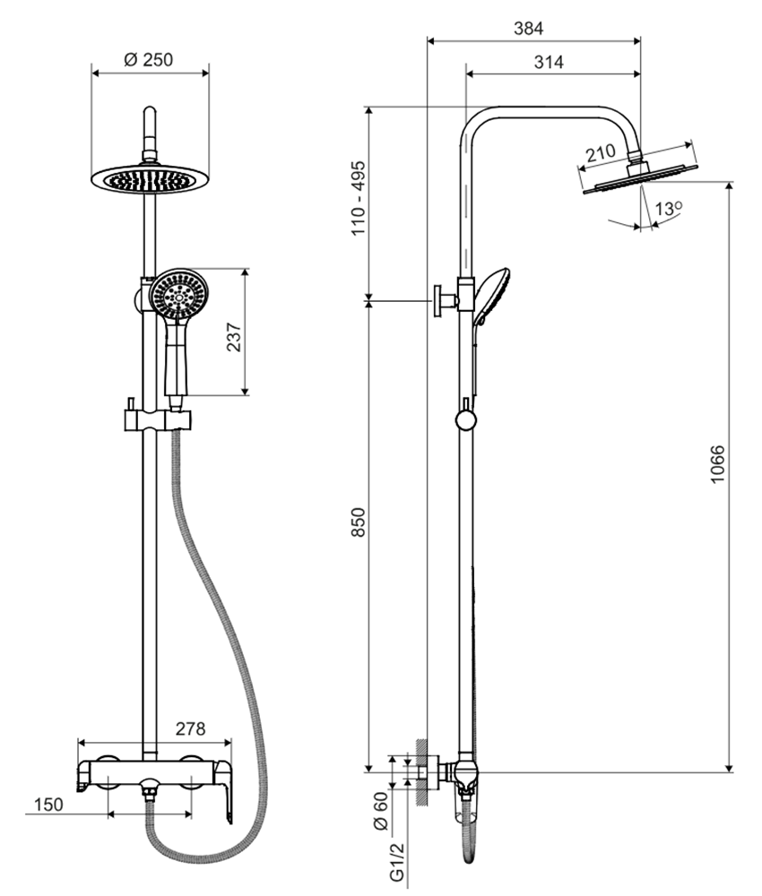 Zestaw prysznicowy Excellent Clever 2.0 AREX.4181.CR rys techniczny