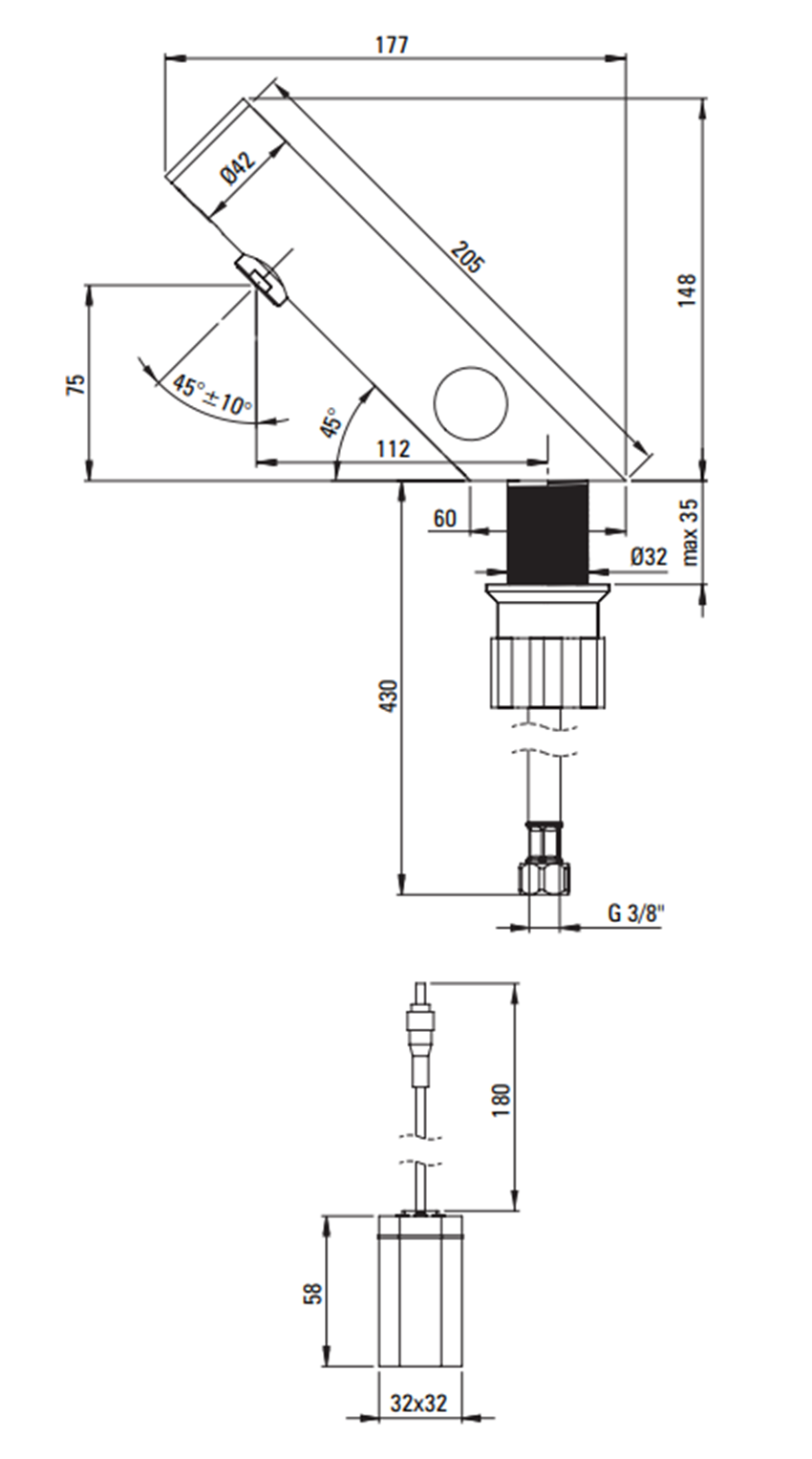 Bateria umywalkowa Deante Sense BQR F29R rys techniczny