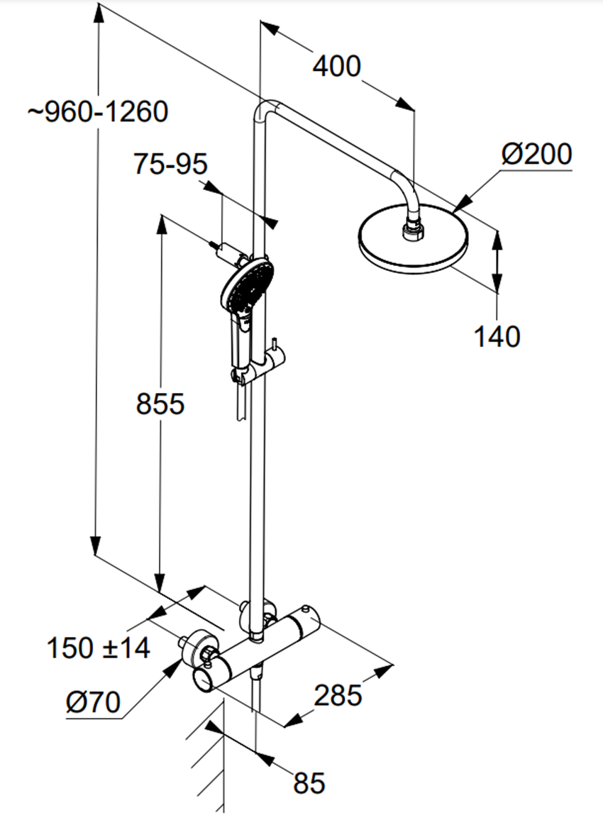 Zestaw prysznicowy Kludi Dive Dual Shower System 6907905-00 rys techniczny