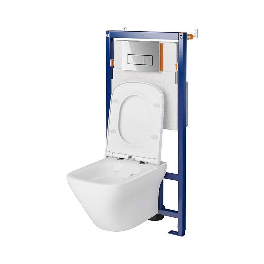 Stelaż podtynkowy do WC z miską Larga Square CleanOn i przyciskiem Opti B1 chrom błyszczący Cersanit Tech Line Opti
