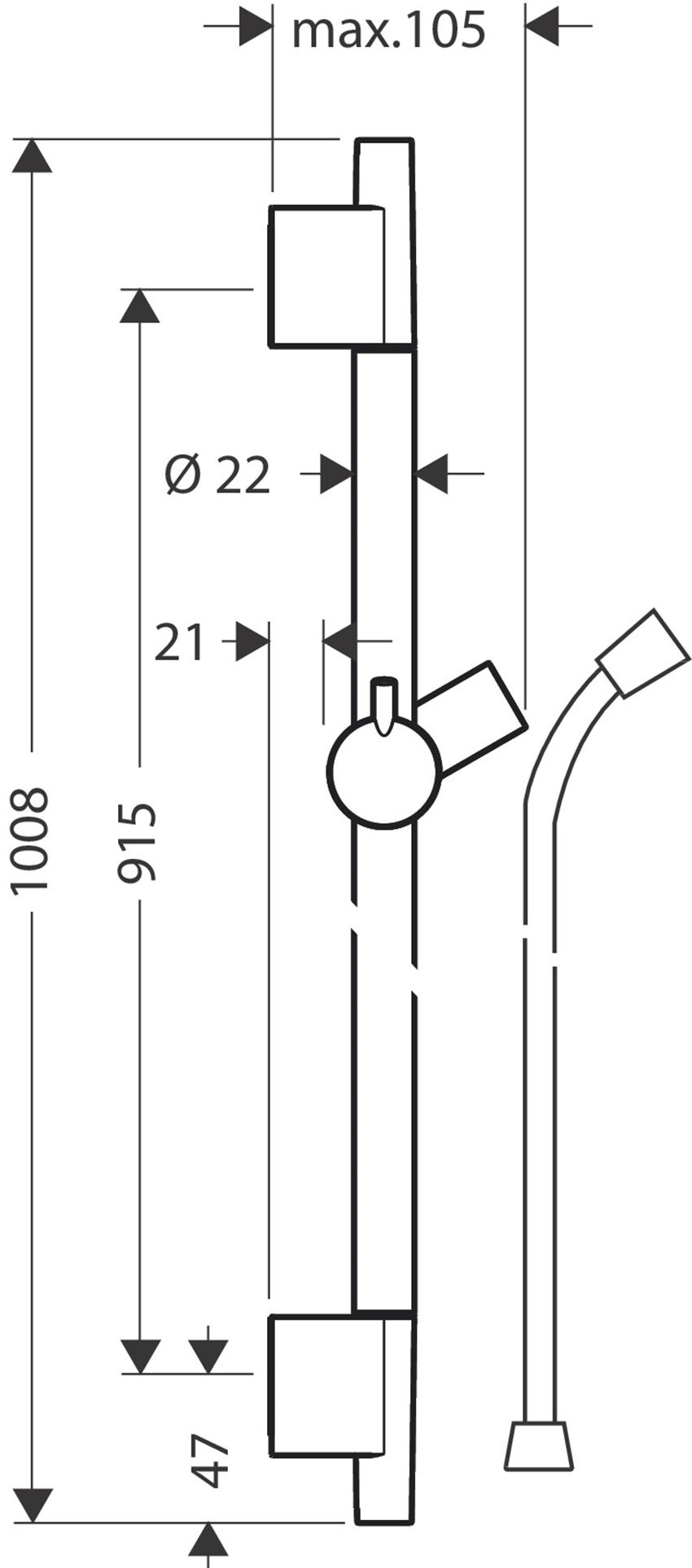 Drążek prysznicowy S Puro 90 cm z wężem Hansgrohe Unica rysunek techniczny