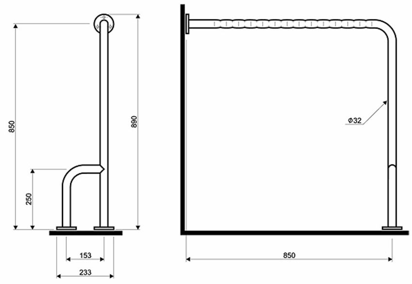 Poręcz WC lewa z mocowaniem ścienno-podłogowym Koło Lehnen Funktion rysunek techniczny