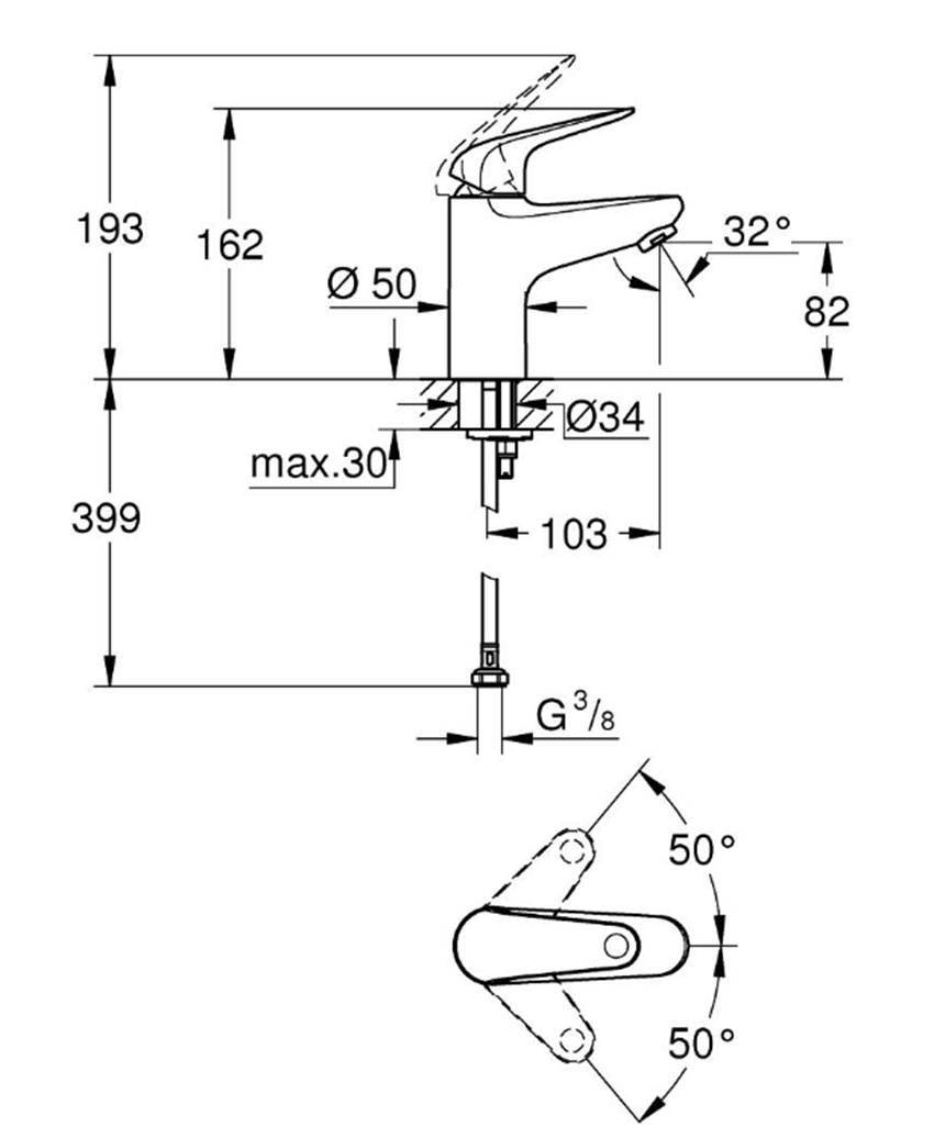 Bateria umywalkowa Grohe Euroeco 32734001 rys techniczny