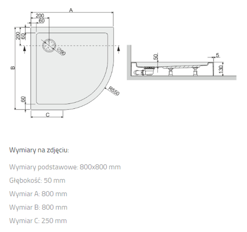 Brodzik półokrągły Sanplast Free Line 615-040-1720-01-000 rys techniczny