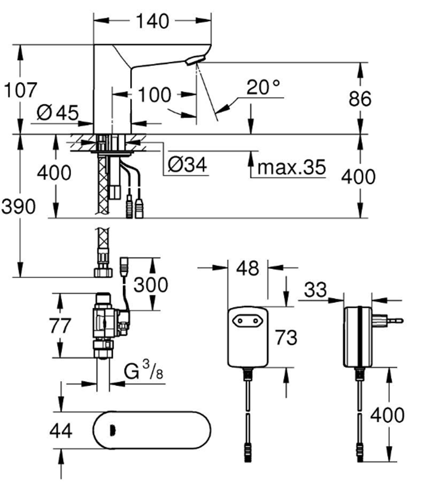 Bateria umywalkowa Grohe Euroeco Cosmopolitan E 36269000 rys techniczny