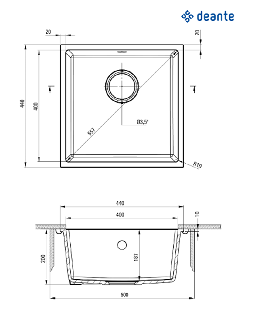 Zlewozmywak Deante Corda ZQA A10A rys techniczny