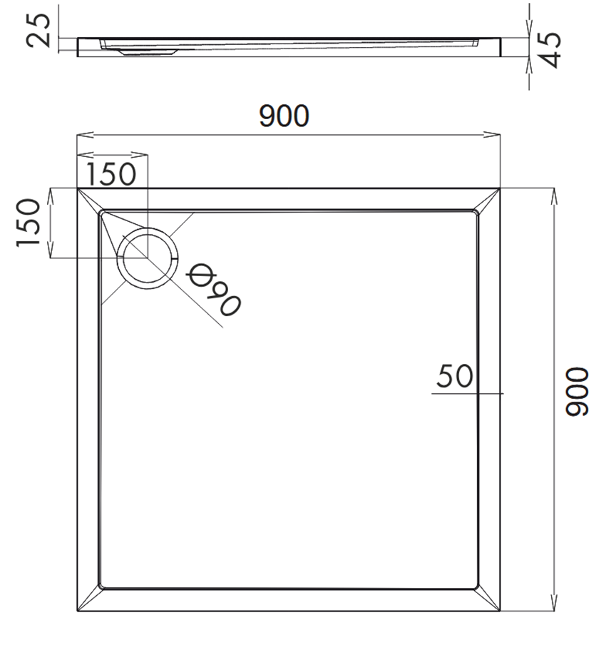 Brodzik kwadratowy akrylowy 90x90x2,5/4,5 cm biały połysk Omnires Merton