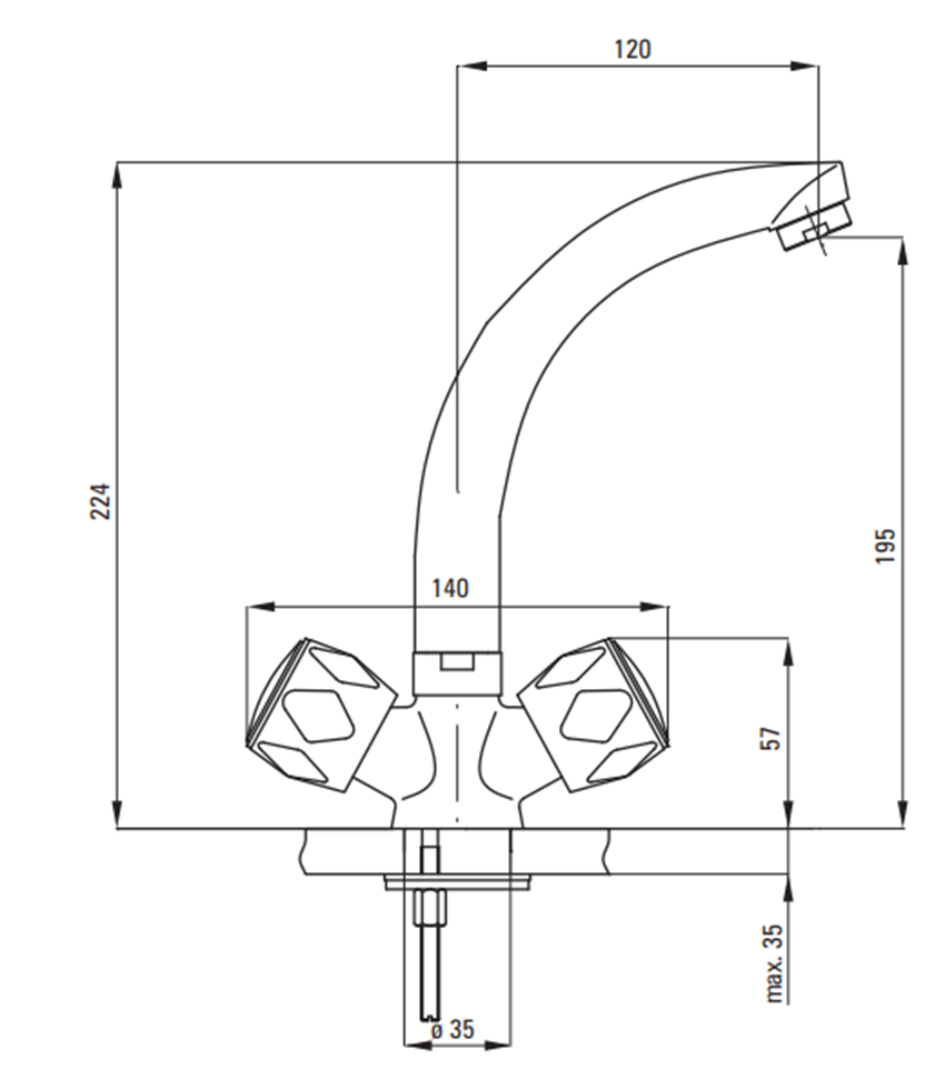 Bateria umywalkowa Deante Teno BON 020D rys techniczny