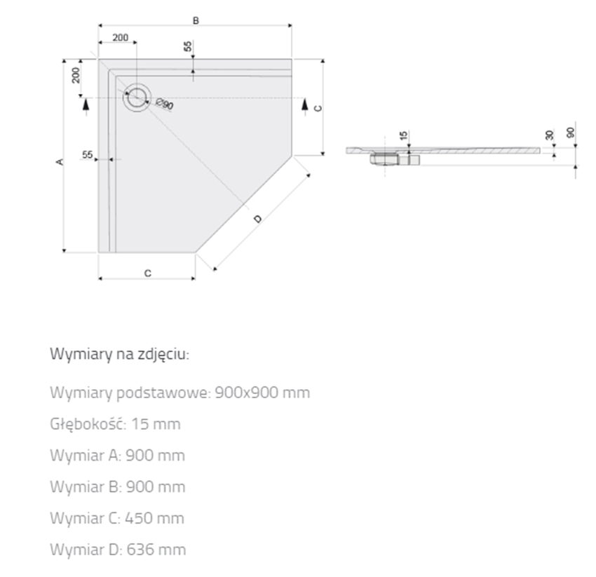 Brodzik pięciokątny Sanplast Space Mineral 645-290-0830-01-000 rys techniczny