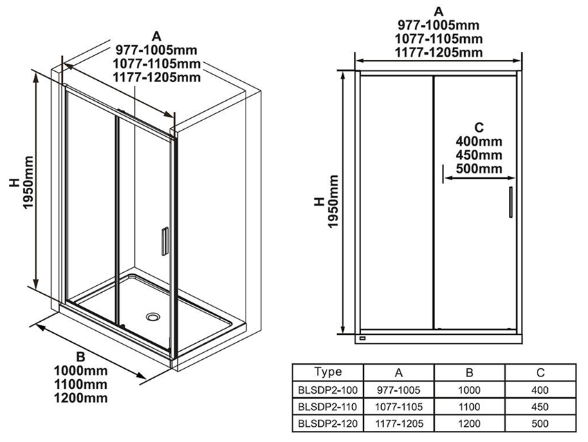 Drzwi prysznicowe Ravak Blix Slim BLSDP2-100 X0PMA0300Z1 rys techniczny