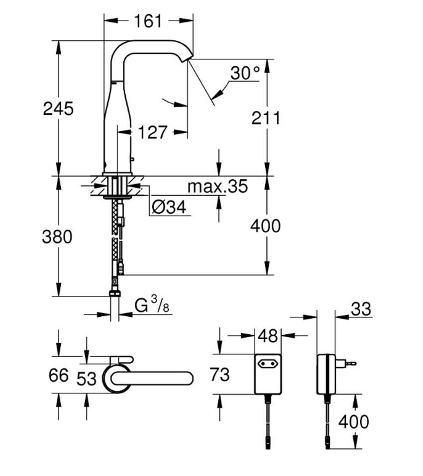 Umywalka elektroniczna Grohe Essence E 36444000 rys techniczny