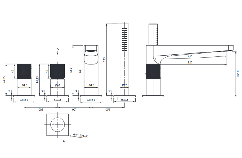 Bateria wannowa 4-otworowa Omnires Contour rysunek