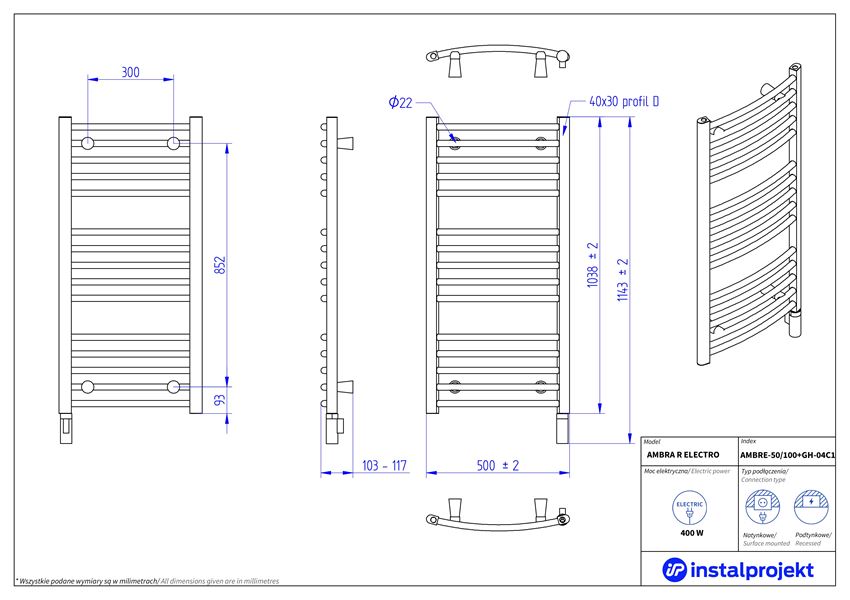 Grzejnik elektryczny 50x100 cm Instal-Projekt Ambra R Electro rysunek