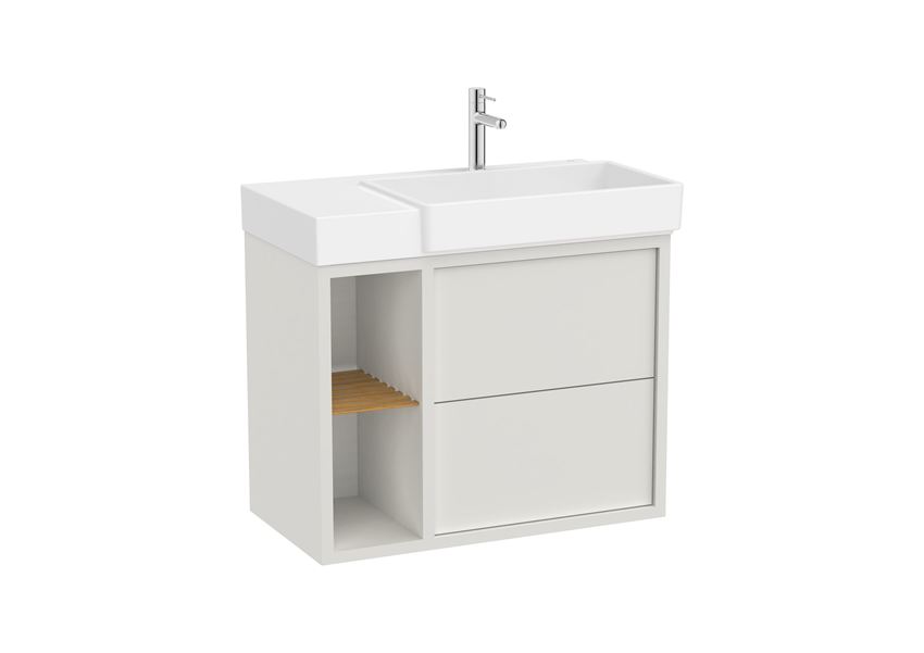 Zestaw łazienkowy Unik 80 cm z dwoma szufladami i półkami, wersja prawa biały mat Roca Tura