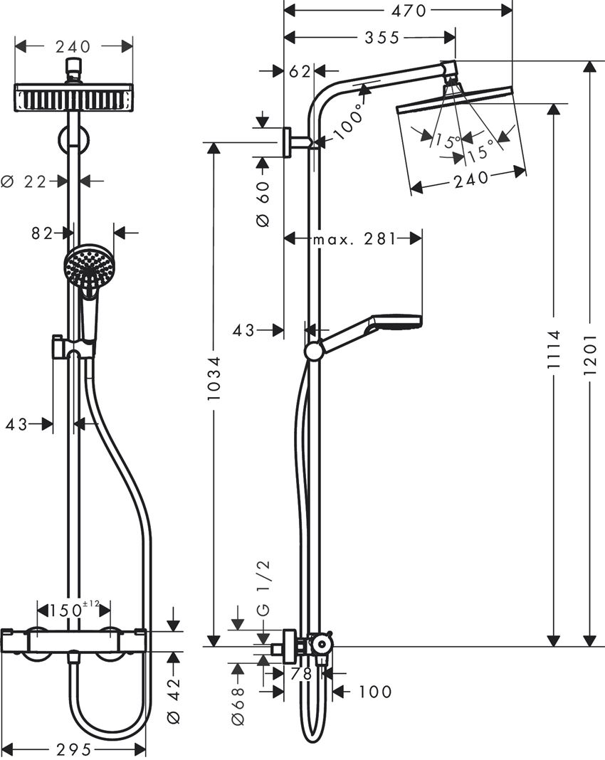 Komplet prysznicowy 240 1jet z termostatem Hansgrohe Crometta E rysunek techniczny