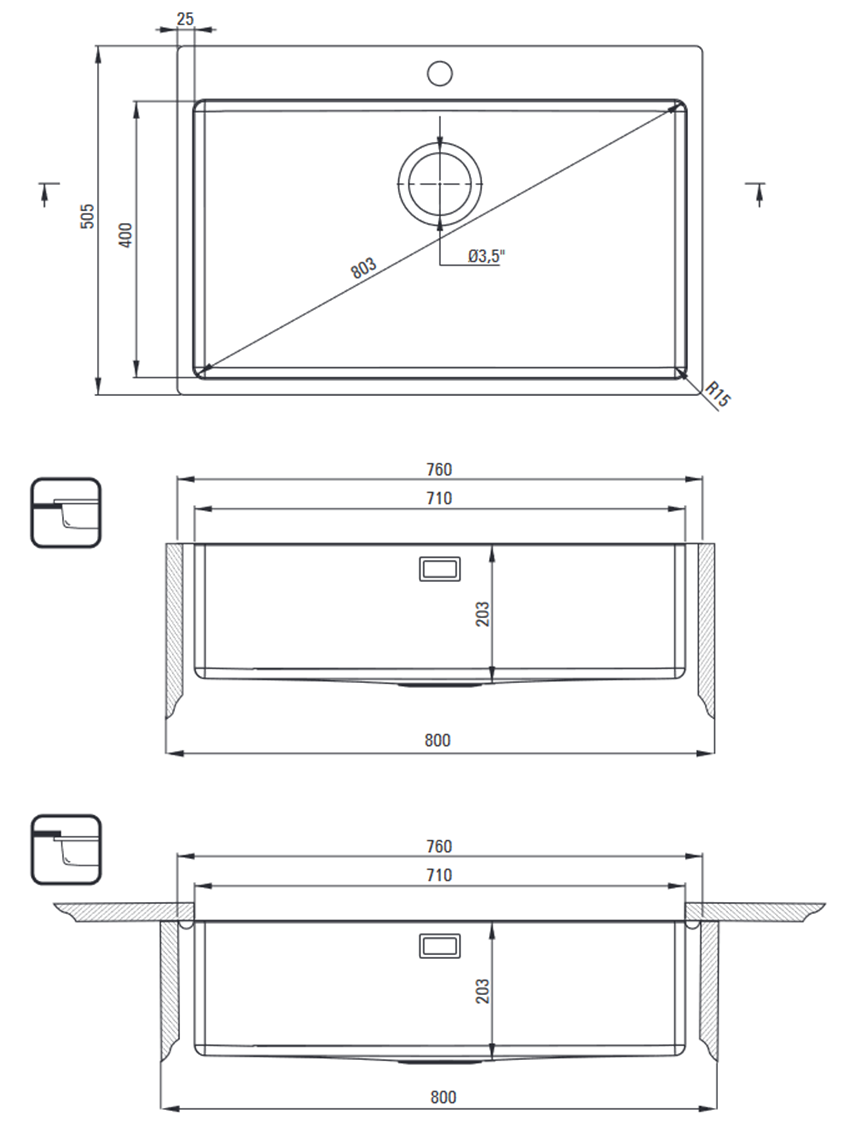 Zlewozmywak stalowy 1-komorowy 76x50,5 cm stal szczotkowana Deante Olfato rysunek