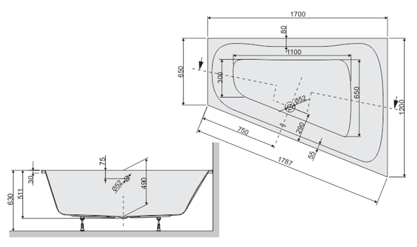 Wanna trapezowa Sanplast Luxo 610-370-0430-01-000 rys techniczny