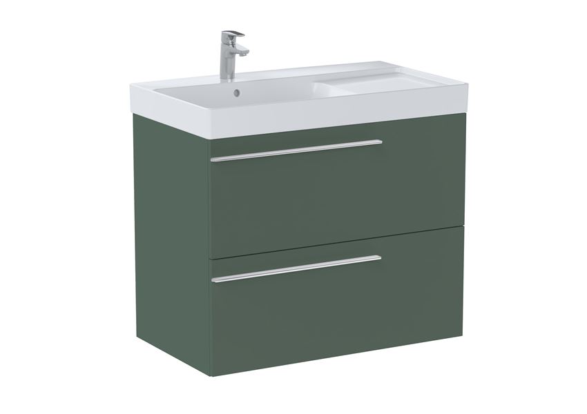 Zestaw łazienkowy Unik z 2 szufladami umywalka asymetryczna lewa 80 cm zielony mat Roca Ella