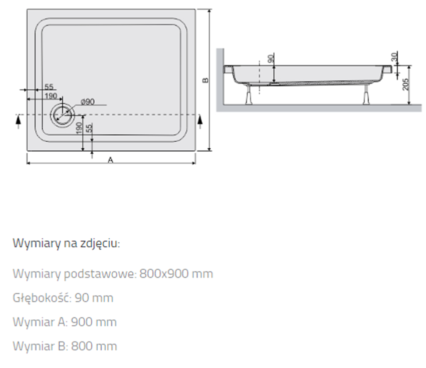 Brodzik Sanplast Free Line 615-040-0150-01-000 rys techniczny