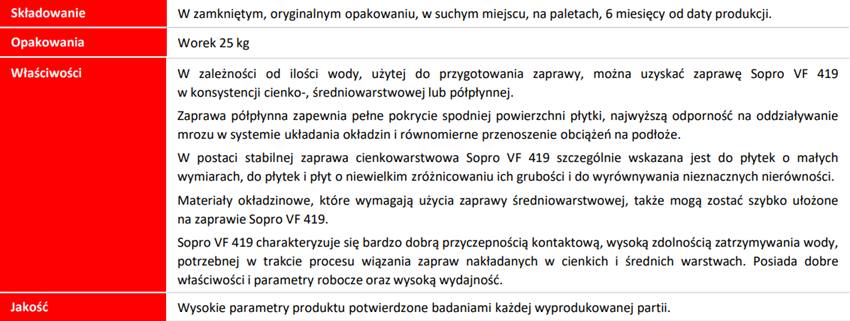 Klej Sopro VF 419/25 karta techniczna