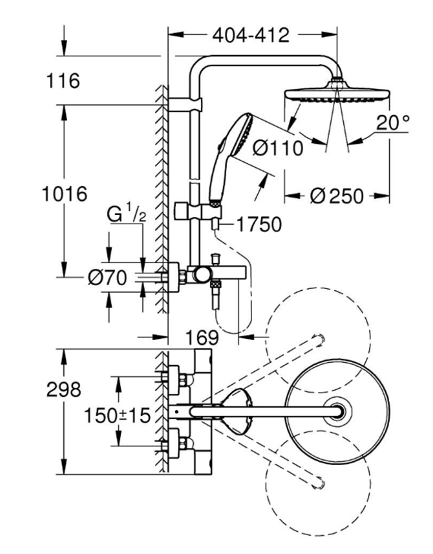 System prysznicowy Grohe Tempesta System 250 26978001 rys techniczny