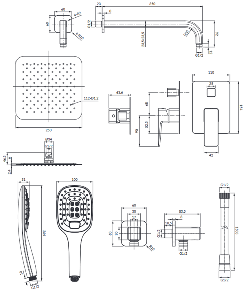 Kompletny łazienkowy system podtynkowy Omnires Parma rysunek