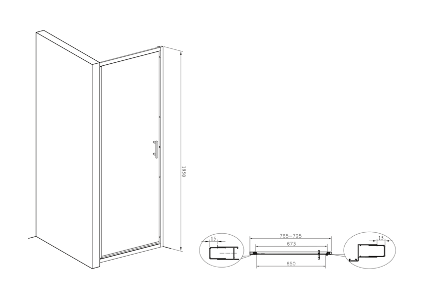Drzwi uchylne 80x195 cm Roca Town rysunek techniczny
